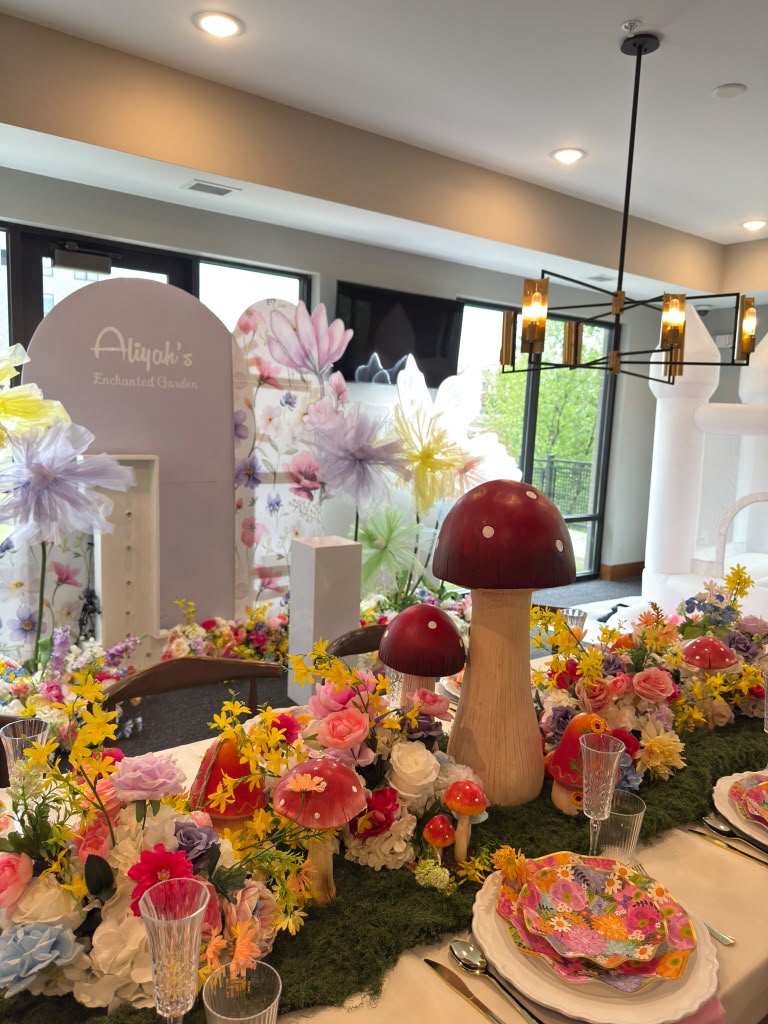 Colorful floral tablescape with whimsical themed details